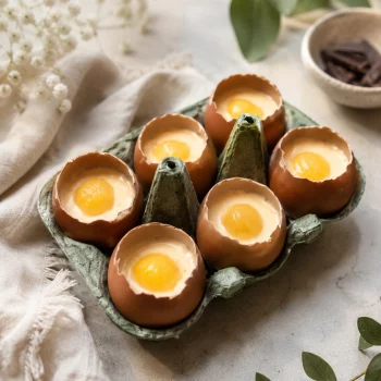 présentation d'un dessert en trompe l'oeil représentant un boite d'oeil (en chocolat)