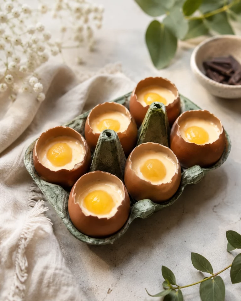 présentation d'un dessert en trompe l'oeil représentant un boite d'oeil (en chocolat)